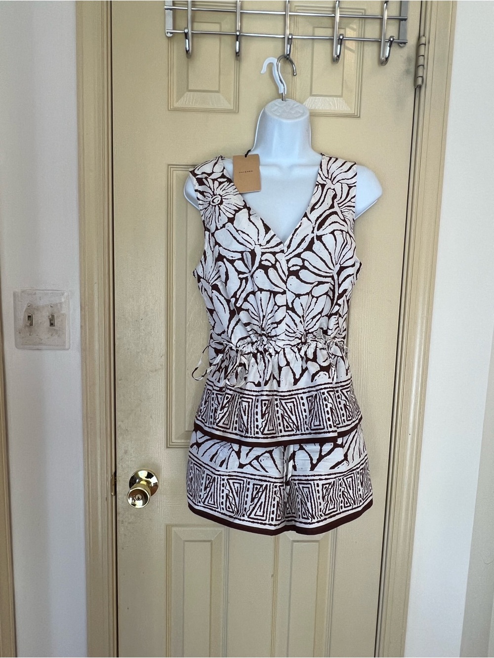 Halogen White and Brown Floral Sleeveless V-Neck Romper